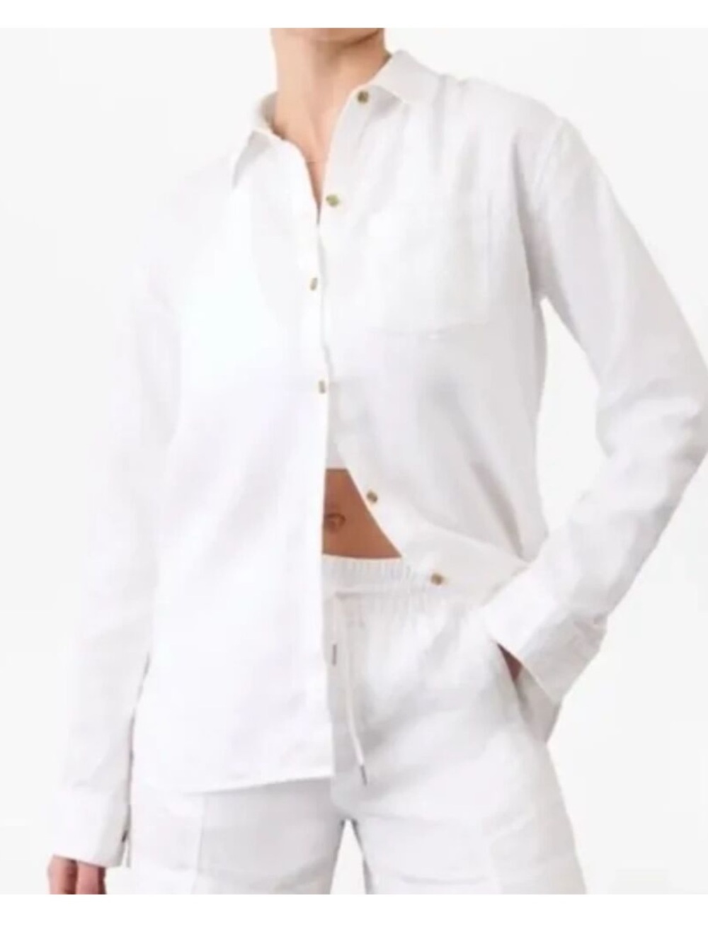 Athleta Retreat 100% Linen White Button-Up Shirt Basic Lagenlook Athleisure L